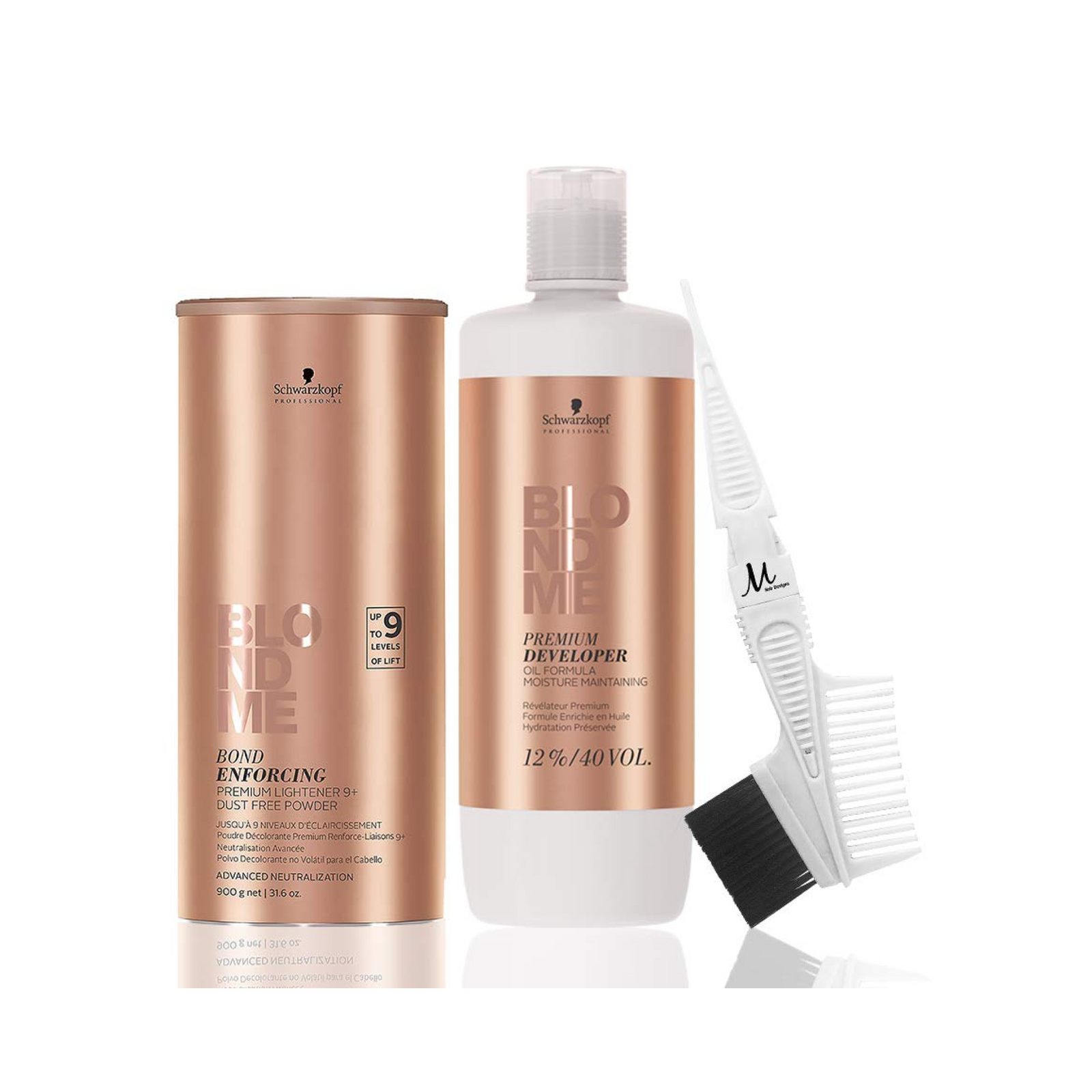 BlondMe Powder Bleach Premium Lightener 9+ Bond Enforcing Dust Free 900g, Schwarzkopf BlondMe 12% / 40 Volume Premium Developer 1 Liter, M Hair Designs Tint Brush/Comb (Bundle - 3 items)